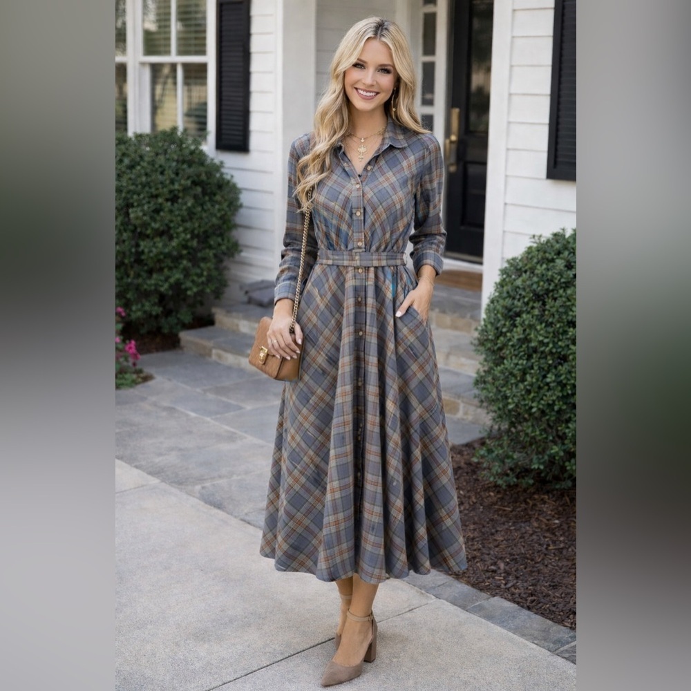 795 Grammar Flannel Feminine Dress - Tartan Color Grey Size 2 - Picture 1 of 7